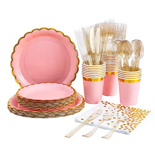 Lamosi 175 Piece Pink Party Supplies, 25Pcs Disposable Party Dinnerware, Pink Disposable Plates And Transparent Plastic Forks Knives Spoons, Cups For Wedding Bridal Shower Engagement Birthday Parties #TOP11