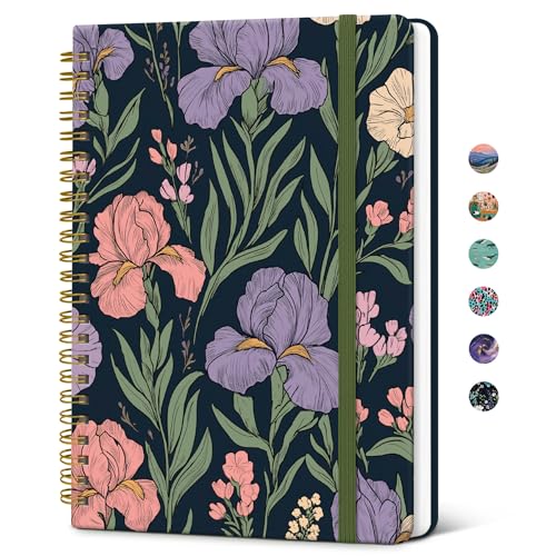 Carnet à spirale ligné A5 Taja de 140 pages avec couverture rigide au motif prairie d'iris