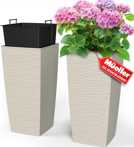 Image of Mueller Janska M-Resin Heavy Duty Tall Planter, Indoor /Outdoor Grande Plant, Tree, Flower Pot, 2-Piece Set, 24 inch, Modern Design, Built-in Drainage, Beige