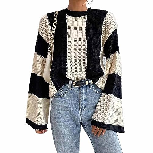 Women's Fairy Grunge Y2k Sweater Striped Knitted Pullover Vintage Aesthetic Color Block Long Sleeve Knitwear Tops