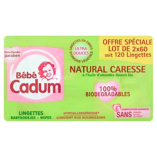 Bébé Cadum Natural Caresse Hygiène et Soin Bébé Lingettes, 2 x 60 unités