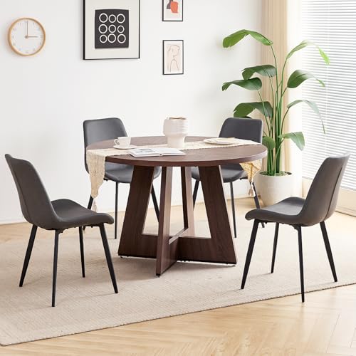 Image of 47 inch Round Dining Table Set for 4, Kitchen Table and Chairs | Wooden Cross Base, Synthetic Leather Chair, for Apartment
