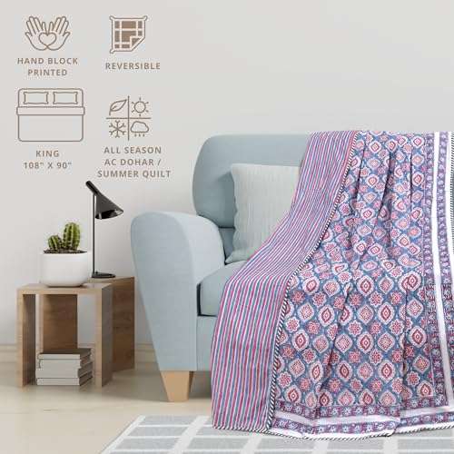 Image of TOAIArt Premium Jaipuri Dohar | AC Blanket Summer Quilt | Hand Block Printed | 3 Layers | Reversible | 150GSM 100% Mulmul Cotton | 100% Cotton Flannel Filling | King 108 inch X 90 inch |Spanish Villa