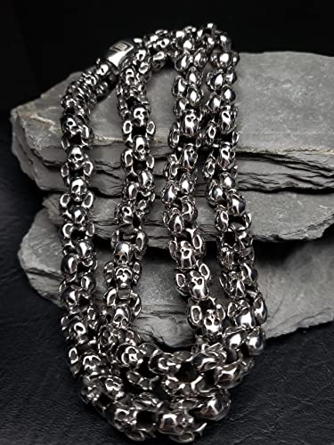 Birch & Bliss Blackstatic Collection - Skull Link Necklace In Metal Gift Box – Solid 316L Marine Grade Stainless Steel 26" for Men and Women.4