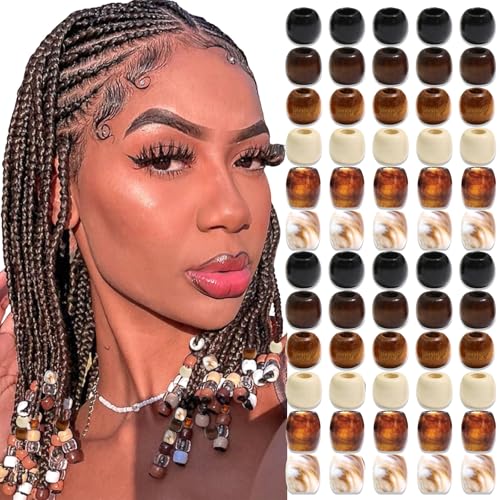 NAISKA 60Pcs Wooden Hair Braid Beads Multi Style Loc Hair Beads Jewelry for Braids Loc Dreadlock Accessories Hair Tube Decoration Hair Cuffs DIY Braid Clips for Women and Men
