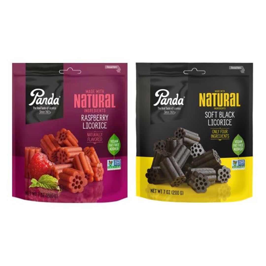 Panda Natural Soft Licorice Bites, Vegan and Fat-Free, Raspberry & Black Licorice, Pack of 2, 7 oz. Bags, One Each Variety By Lyza's Sweets & Treats