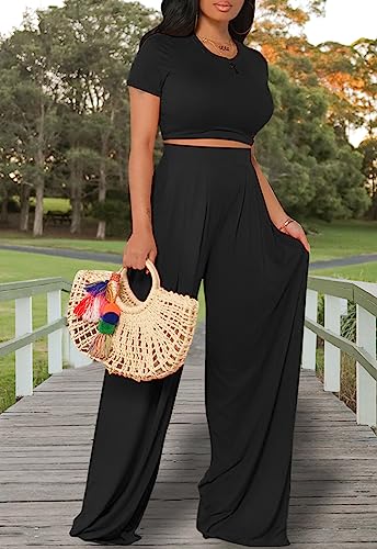 Women's Casual Summer 2 Piece Outfits Short Sleeve Crop Top Wide Leg Pants Set Jumpsuits3