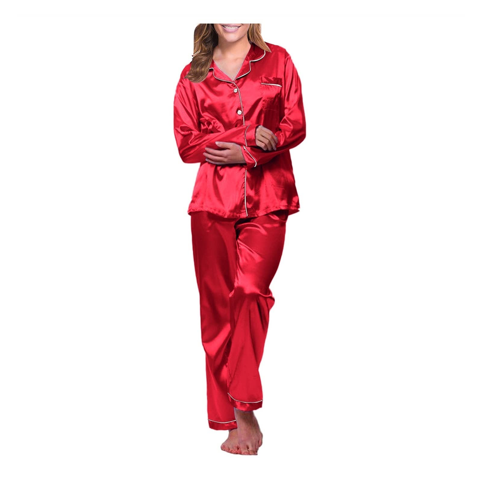 Pijamas de manga corta larga Mujeres seda satinado pijamas conjunto parejas de color sólido manga larga ropa de dormir traje mujer botón de dormir juegos de ropa de dormir pijama Pijama ancho