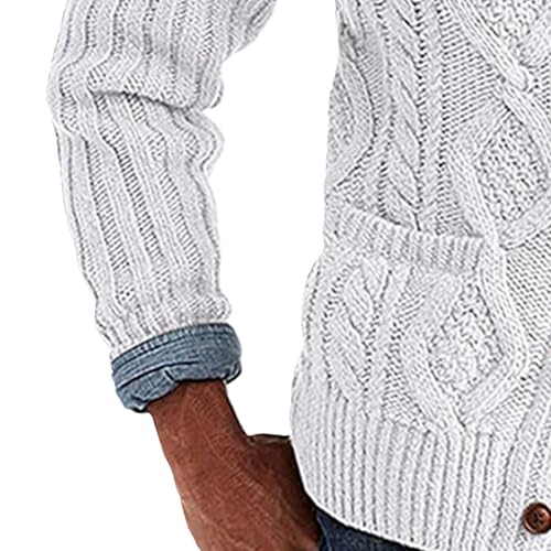 Mens Twists Knitted Sweater Cardigan Cable Knit Shawl Collar Loose Cardigans Stand Collar Cable Knit Button Sweaters (White,Large)4