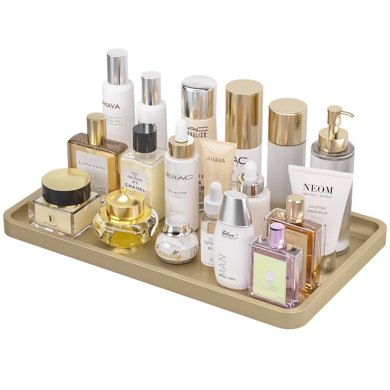 Image of Weenson Gold Bathroom Vanity Tray for Countertop Decor Perfume Makeup Toiletries Toilet Tank, Large Bamboo Kitchen Tray for Spice Salt, Serving Tray for Food Coffee, Nightstand Candle 14.2 inchx8.3 inch