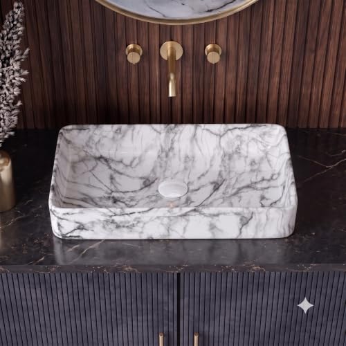 Image of Wash Basin Countertop | Tabletop Ceramic Bathroom Sink | Wash Basin Over Counter (Designer White Grey, 24 x 14 x 5 Inch)