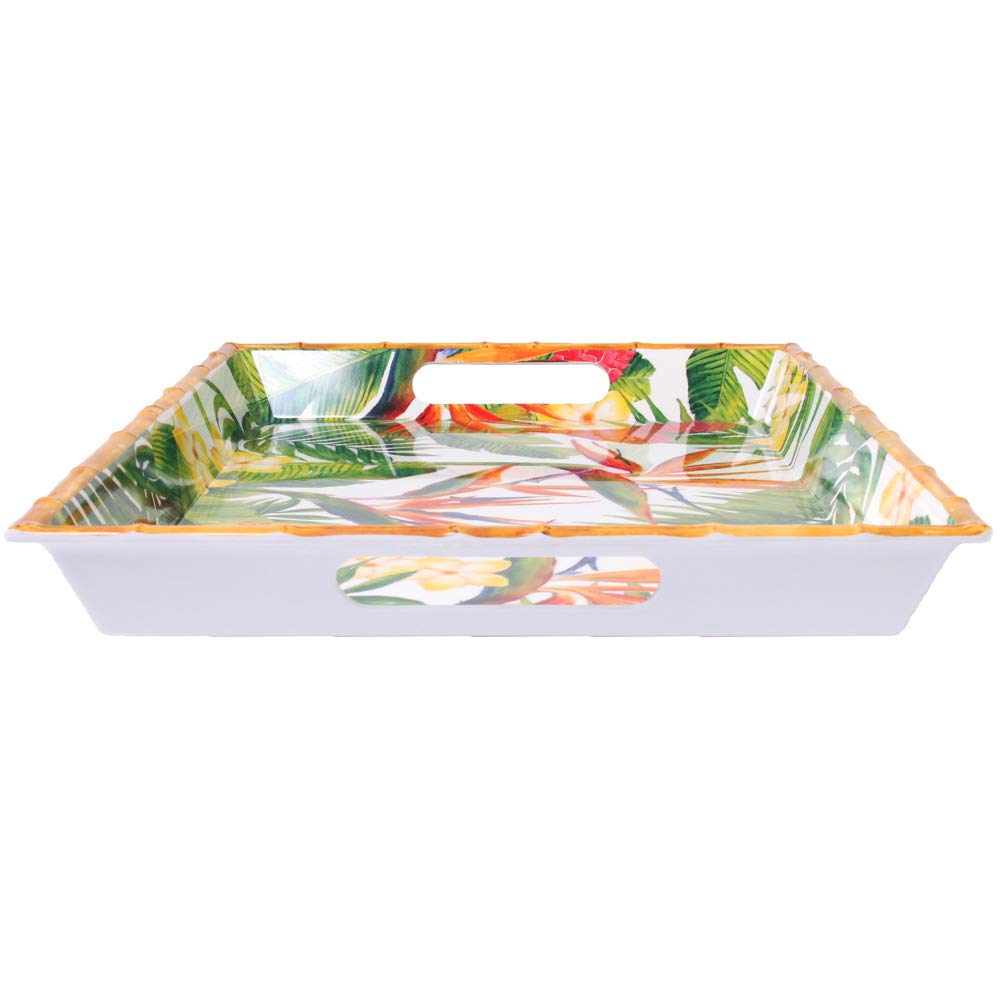 Les Jardins de la Comtesse - Gran Bandeja de Servicio de Melamina Pura - Flores Exóticas - 50 cm - Rojo/Verde - Bandeja Grande con Asas de la Colección Vajilla Irrompible MelARTmine