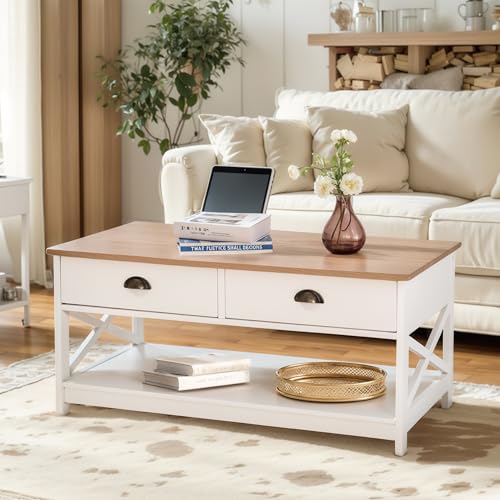 Sophia-William-Farmhouse-Coffee-Table-with-Drawers-and-Storage-Shelf-for-Living-Room-Ivory Sophia William Farmhouse Coffee Table with Drawers and Storage Shelf for Living Room Ivory