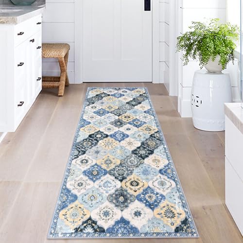 KILOCOCO 2x5 Runner Rug, Moroccan Super Soft Washable Hallway Entryway Runner Rug, Accent Print Faux Wool Kitchen Runner Rug 5 Feet Non-Slip Runners Boho Rug Runners for Bedroom, Blue/Yellow/Multi