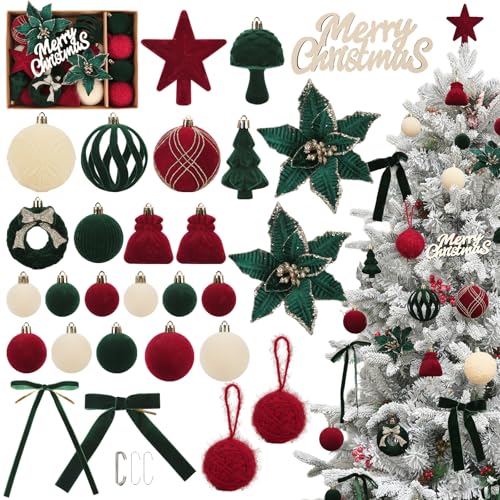 Christmas Ornaments Set, 38Pcs Cream Green Red Velvet Ornaments for Christmas Tree Decorations Shatterproof Plastic Hanging Flocked Balls Assorted for Home Xmas Holiday Party Indoor Decor Gifts