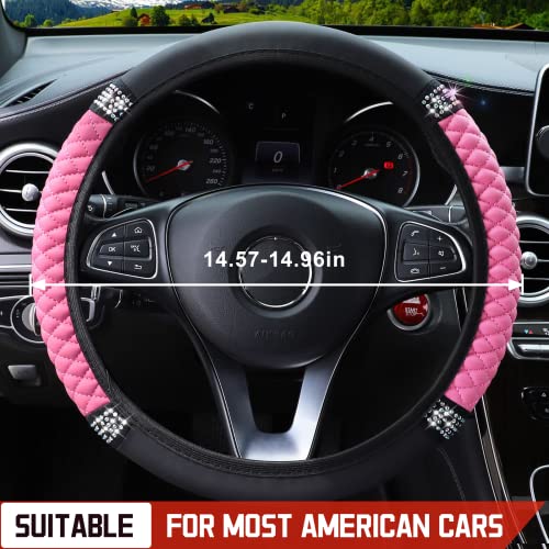 Bling Leather Steering Wheel Cover, Rhinestones 15 Inch Colorful Auto Steering Wheel Protector, Sparkly Crystal Diamond For Women Girls Most Cars (Pink) #TOP1