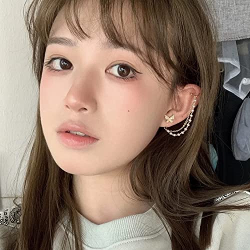 Vercret Gold Cuff Earrings For Women - Butterfly Cartilage Ear Cuff Chain With Pearl No Piercing Cz Adjustable Ear Clip Wrap Around Earrings For Girls #TOP1