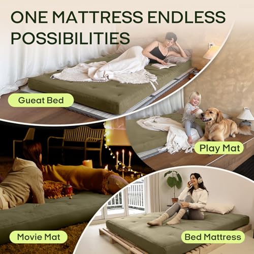 Image of ZonLi Japanese Floor Futon Mattress Queen Size 80 inchx60 inch100%Cotton Cover 6''Thicken Tatami Mattress,Foldable Sleeping Pad,Portable Dormitory Tatami Mat,Roll Up Floor Lounger Bed for Adult (Winter Moss)