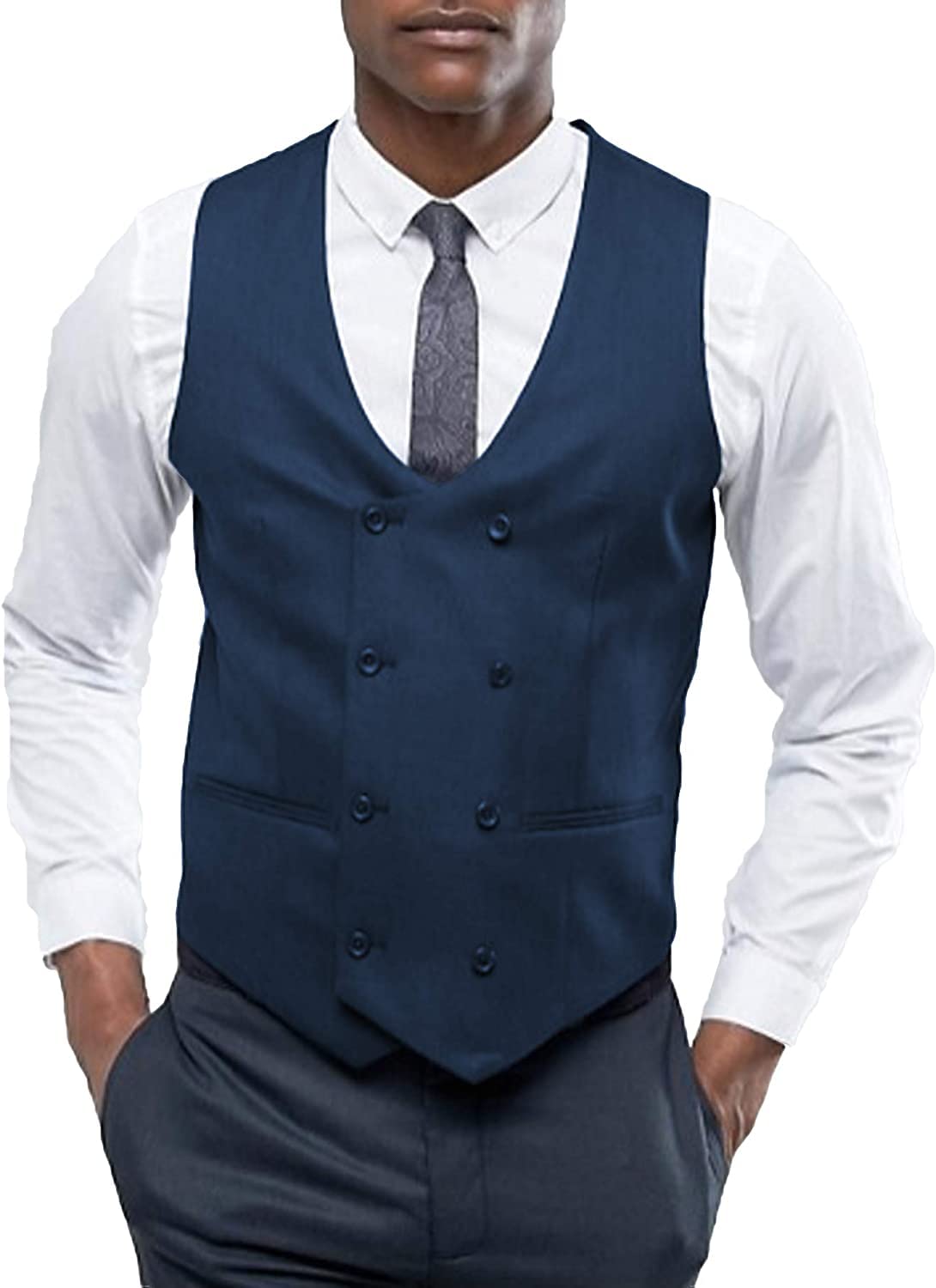 Hann Brooks Mens Double Breast Wedding Business Formal Suit Navy Blue Slim Fit Vest Waistcoat S-3XL