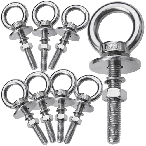 Image of 8 Pack M8 Eye Bolts with Nuts, 304 Stainless Steel 5 /16 inch x 2 inch Heavy Duty Lifting Eye Bolts, Metric M8x51mm Ring Eye Bolt for Hanging, Tie Down, Outdoor & Hardware Fixing (8, 5 /16 inchx2 inch)