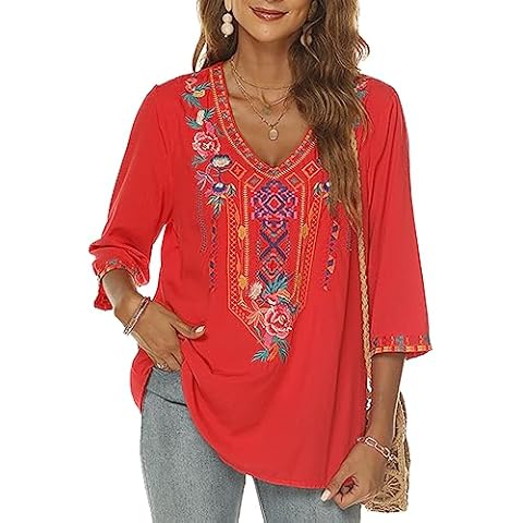 Higustar Boho Embroidered Tops for Women Mexican Peasant Blouses Traditional Bohemian Clothing Tunic Shirts Hippie Clothes Cover