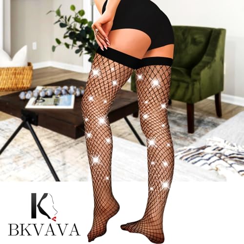 Women's Sparkly Fishnet Thigh Highs Stockings Rhinestone Widened Band Tights2