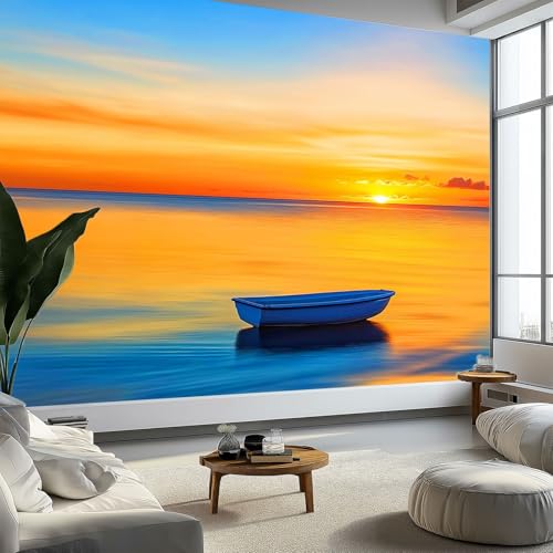 Générique Papier Peint Panoramique Coucher Soleil Bateau, Paysage Naturel Papier Peint Poster Photo Géant Laine Intissé 200 x 140 cm pour Salon Chambre Chambre D'Enfant Fond Tv Décoration Murale