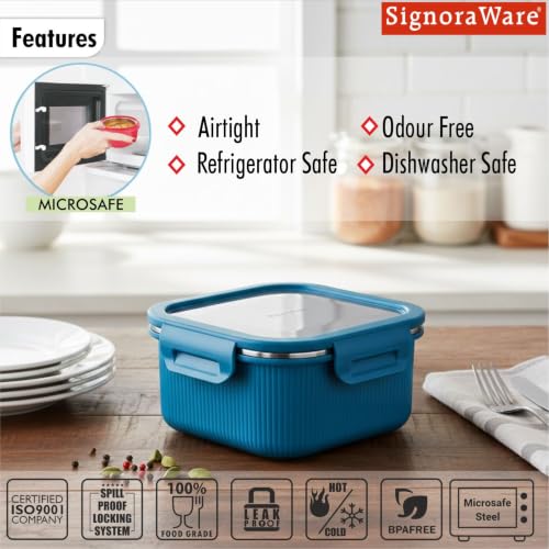 Image of Signoraware Lock N Store Microsafe Steel Square Container+ Lid(400ml, Blue)