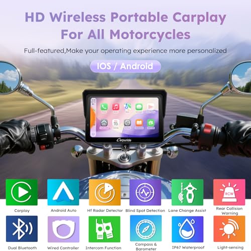 Image of Carpuride W702RS PRO Motorcycle GPS Wireless Carplay /Android Auto /Radar BSD, 7 inch Waterproof Motorbike Touch Screen, with BM05 Mount, Bluetooth Trans, Intercom,Wired Controller, Navigation