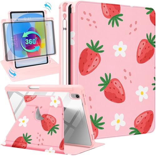 SurgeCraft Custodia per iPad di 10a generazione da 10,9 pollici 2022, supporto rotante a 360 gradi con portamatite per donne e ragazze carino Folio Cover Kawaii Fragola per Apple iPad 10a generazione