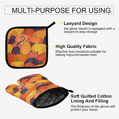 Orange Pumpkins Cats Oven Mitts Pot Holder Set Autumn Fall Halloween Kitchen Decor Cooking Stove Gloves Heat Resistant Hot Pads Recycled For Bbq Baking Grilling #TOP4