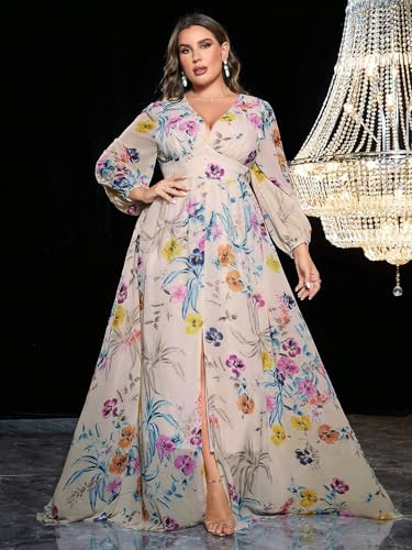 Image of Spring Summer 2024 Plus Size Womens Dresses V Neck Casual Elegant Long Sleeve Floral Print Maxi Dress