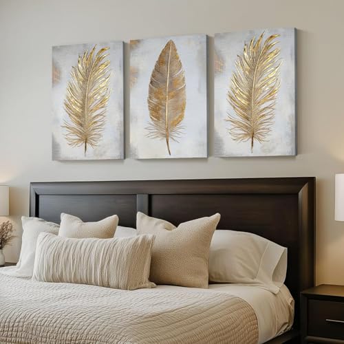 Wivsev Feather Canvas Wall Art,Gold Feather Pictures Prints,Minimalist Wall Art