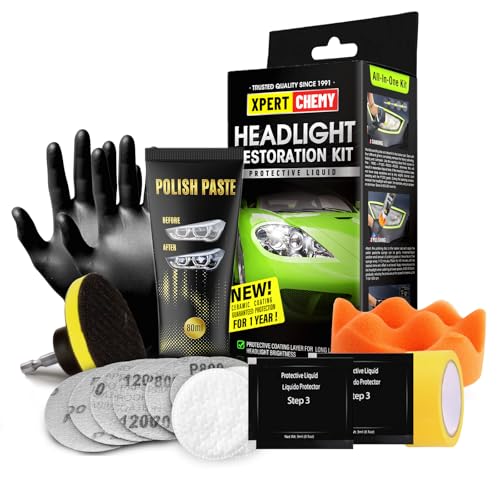 XPERTCHEMY Scheinwerfer Aufbereitung Set - Scheinwerfer Polierset Kit Entfernung Schwerer Gelbwärbung, Trübung und Flecken, Die Helligkeit der Scheinwerfer wiederherstellen, Headlight Repair Kit