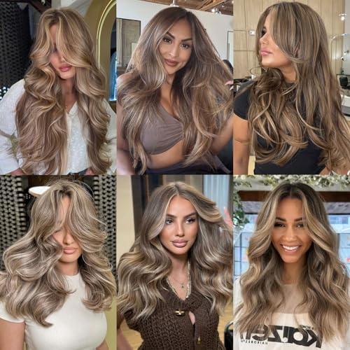 Image of 13x4 Lace Front Body Wave Wigs Human Hair Ash Blonde Balayage Wigs Human Hair for Women Brown Hair with Blonde Highlight Wig Human Hair Brunette Hair with Blonde Highlights Wig 200% Density 24 Inch