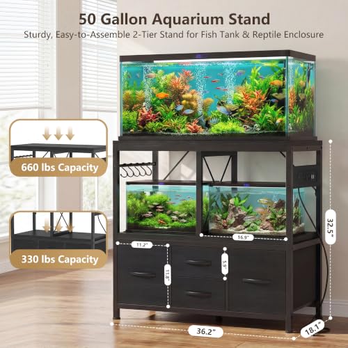 Heybly 40-50 Gal Fish Tank Stand with Drawer, Power Outlet, Black HAS004BK