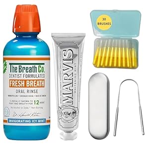 Oral Care Bundle with The Breath Co. Mouthwash, Marvis Whitening Toothpaste, Dental Floss Picks & Tongue Scraper – Natural Mouthwash, Whitening Toothpaste & Oral Hygiene Essentials