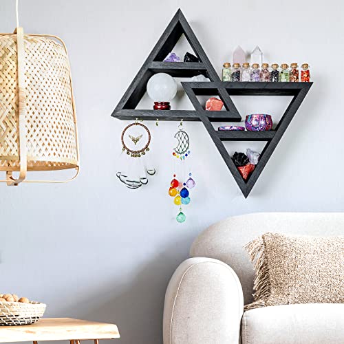 Crystal Shelf Display With Hooks - Black Moon Phase Triangle Shelf For Witchy Room Decor - Moon Shelf For Aesthetic Shelves Room Decor, Crystal Organizer Shelf For Living Room , Bed Room ,Bath Room #TOP1