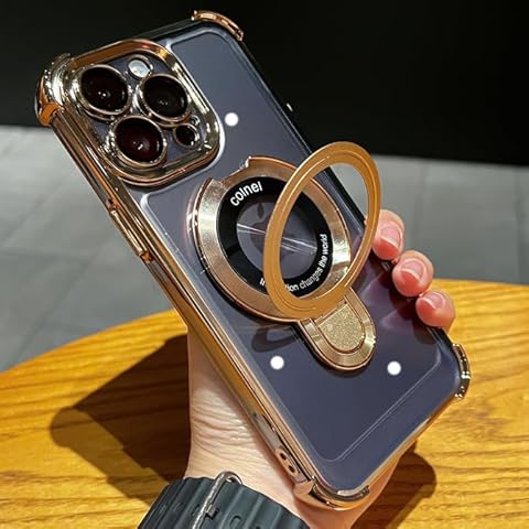 LOOBIVAL Magnetic Kickstand Holder Case for iPhone 14 Pro Max [Compatible with MagSafe] Logo View Military-Grade Protection Transparent Hard Plating Cover (Gold,for iPhone 14 Pro Max) Cover