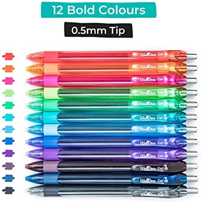 WallDeca Gel Pens | Fine Point (0.5mm), Assorted Rainbow Colors, 12 Count, Retractable | Made for Everyday Writing, Journals, Notes and Doodling
