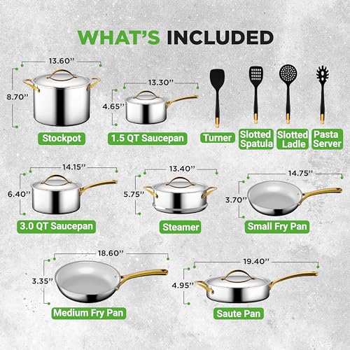 Image of NutriChef 16 Piece Stainless Steel Cookware Set, Induction Cookware with Golden Handles - Non Stick Pots and Pans Set with lids and Utensils - PFOA /PFOS Free, Oven Safe, & Easy to Clean