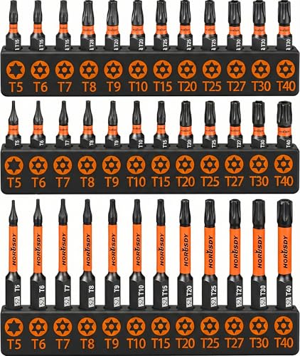 HORUSDY Torx Bit Set, 36pcs Security Torx Bit Set,Tamper Proof Star Bits (T5-T40) for Impact Driver, S2 Steel Screwdriver 1' & 2.3' Long,Torque Security Bits with Storage Box