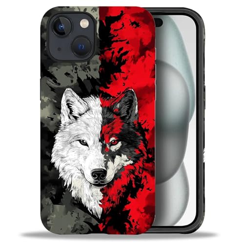 yicomon Compatible with iPhone 15 Case, Red Black Wolf Pattern Print Matte Phone Case Durable Fashion Funny Liquid Silicone Case Soft Anti-Scratch Shockproof Protective Cover