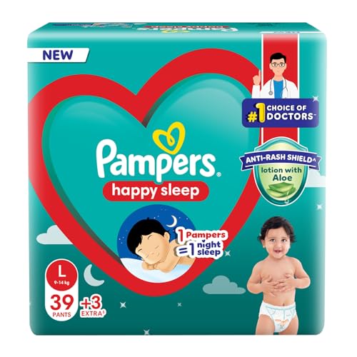 Image of Pampers Happy Sleep Pant Style Baby Diapers, Large (L), 42 Count, 1 Pampers : 1 Night Sleep, with Anti Rash Shield, 9-14 Kg Diapers (Pack of 6)
