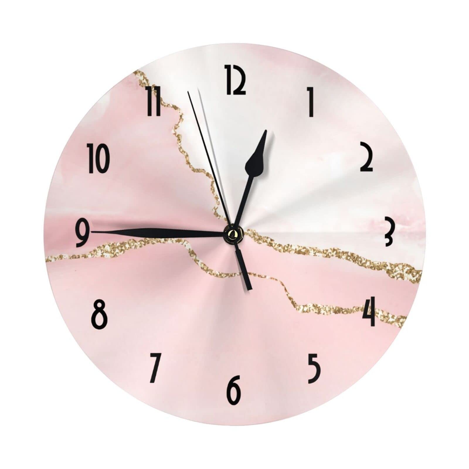 Digital Wall Clock 10 Inch Round Clock Pink Blush Agate with Gold Ribbon School Clock Digital Silent No-Ticking Decorative Living Room Bedroom Office