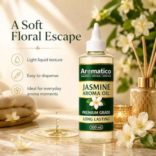 Image of AROMATICO Pure Jasmine Aroma Diffuser Oil with Long-Lasting Fragrance for Homes, Offices & Showrooms | Ideal Aromatherapy for Diffusers, Reed Diffusers, Air-Purifiers & Candles - 100 ml