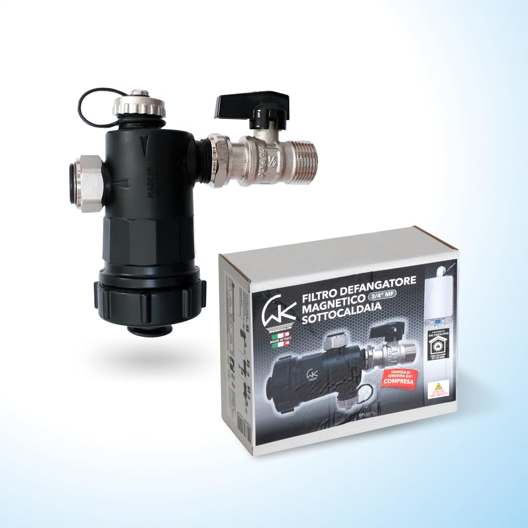 WK - Filtro decantador magnético para caldera con válvula de cierre de latón de 3/4 pulgadas, útil para filtración del agua, protege el sistema térmico de las impurezas