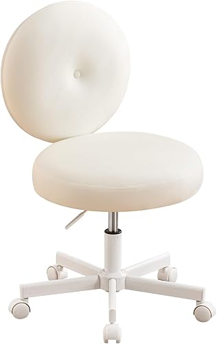 Furniliving Silla de escritorio redonda sin brazos, pequeña silla tapizada de terciopelo con ruedas, silla giratoria ajustable para dormitorio, sala