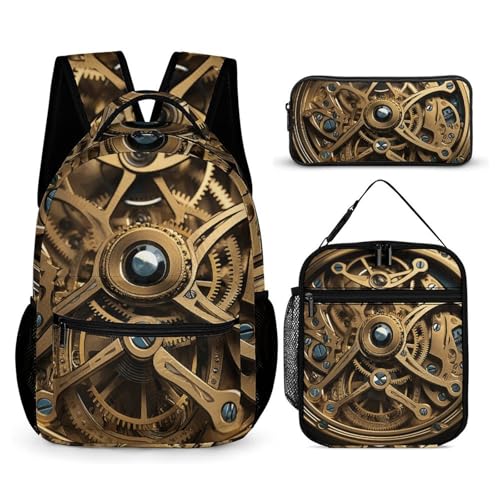 Cool Steampunk Gears Backpack Set 3 Piece, Durable Backpack Insulated Lunch Bag Portable Pencil Case for Men Women