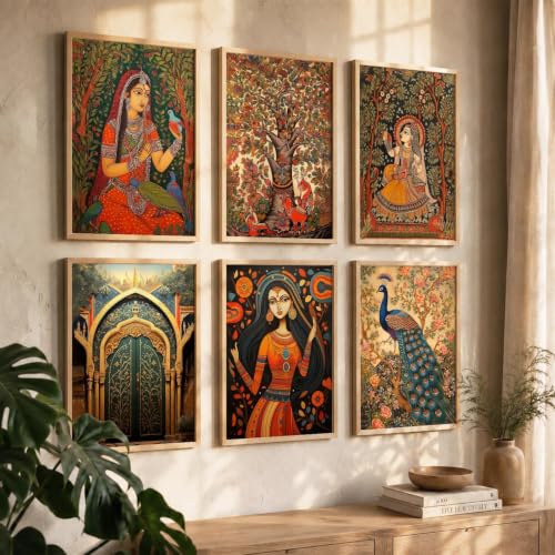 Image of kotart Premium Digital Madhubani Art Paintings with Frame for Home Decor - Framed Painting Living Room Bedroom Office - Wall Decoration - Pack of 6 (14X20 Inch, A)